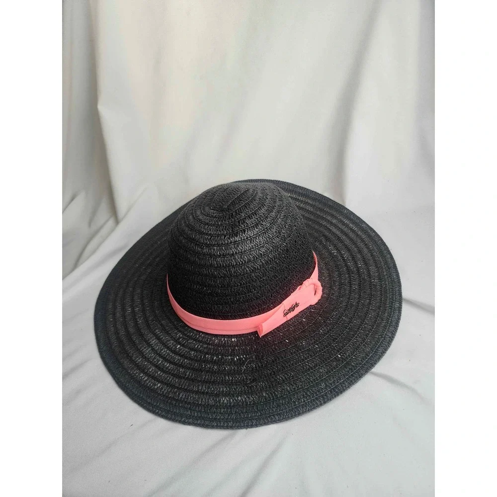Som-Her Black Wide Brim Straw Sun Hat Coral Pink Ribbon Made in Mexico